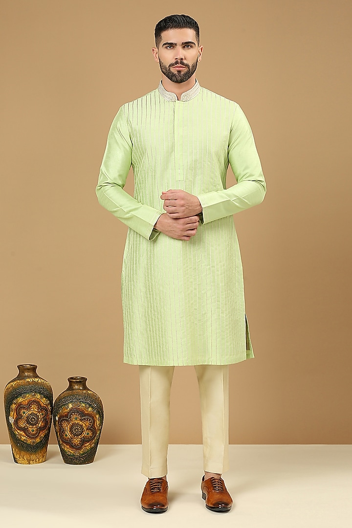 Pista Green Dupion Silk Embroidered Kurta Set by DMODE at Pernia's Pop Up Shop