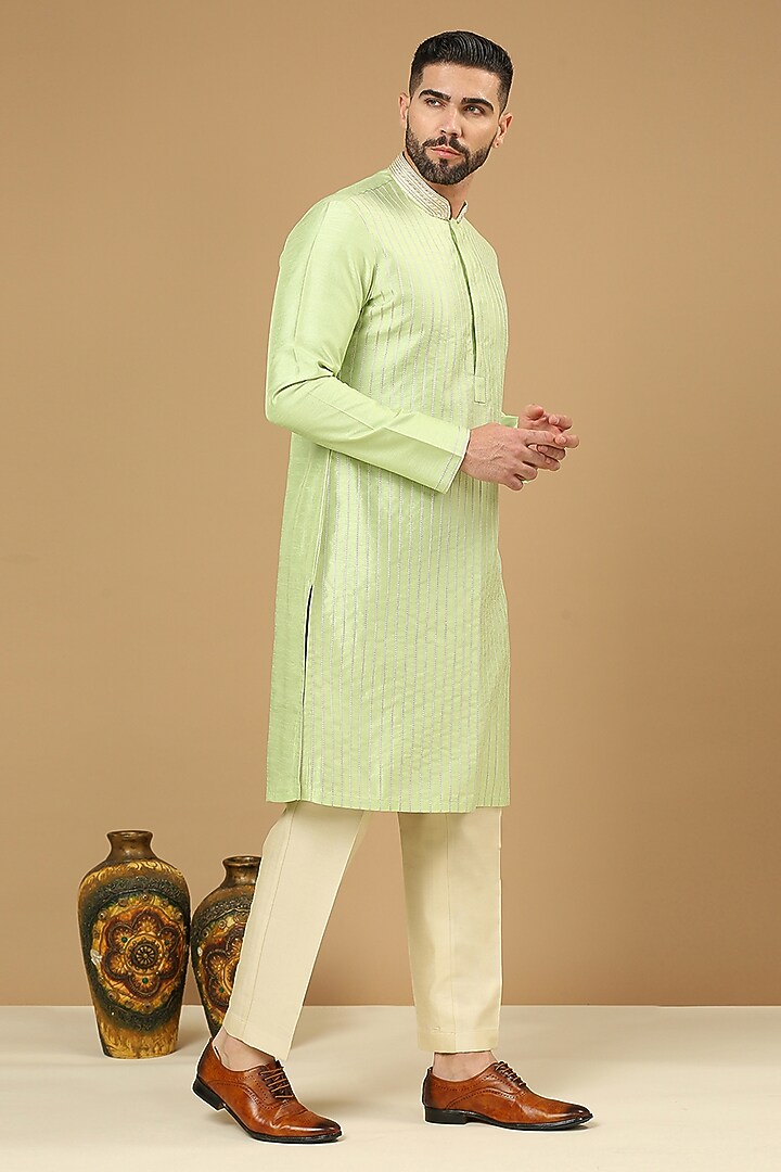 Pista Green Dupion Silk Embroidered Kurta Set by DMODE at Pernia's Pop Up Shop