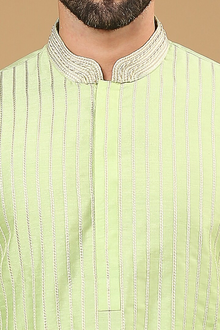Pista Green Dupion Silk Embroidered Kurta Set by DMODE at Pernia's Pop Up Shop