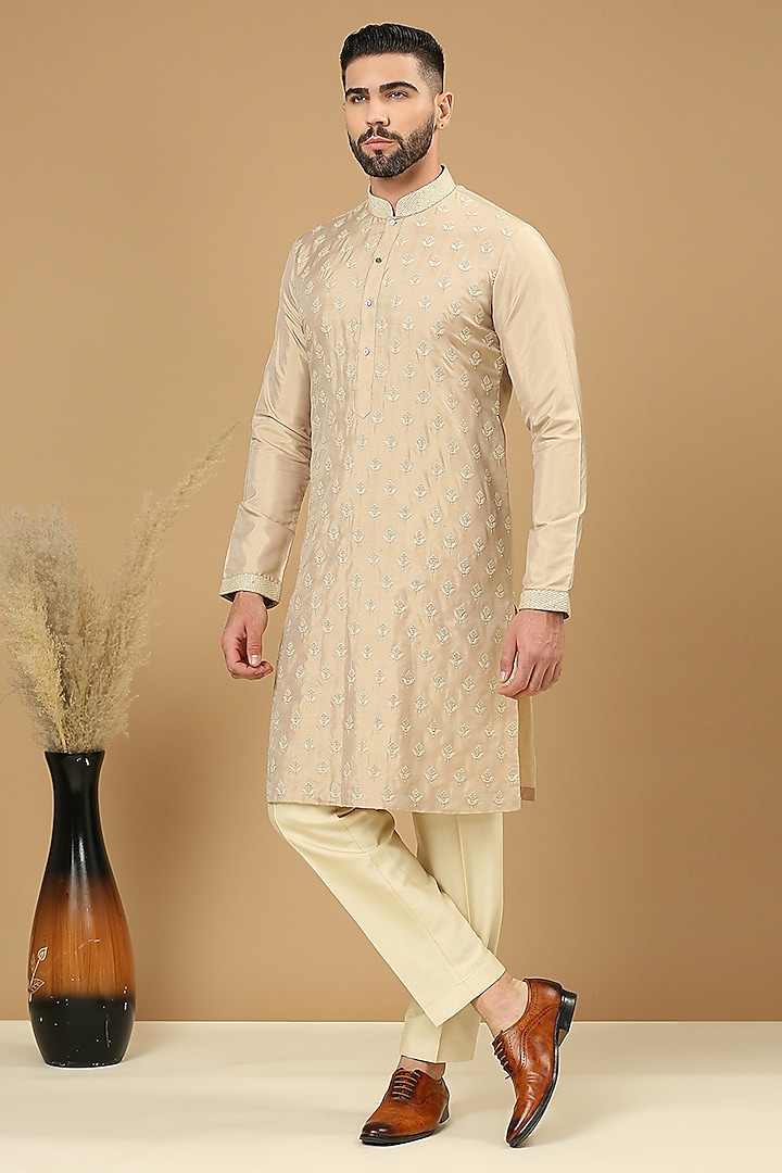 Biscuit Pure Silk Thread Work Kurta Set by DMODE at Pernia's Pop Up Shop