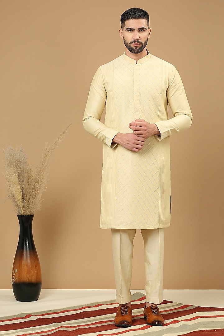 Beige Cotton Silk Thread Work Kurta Set by DMODE