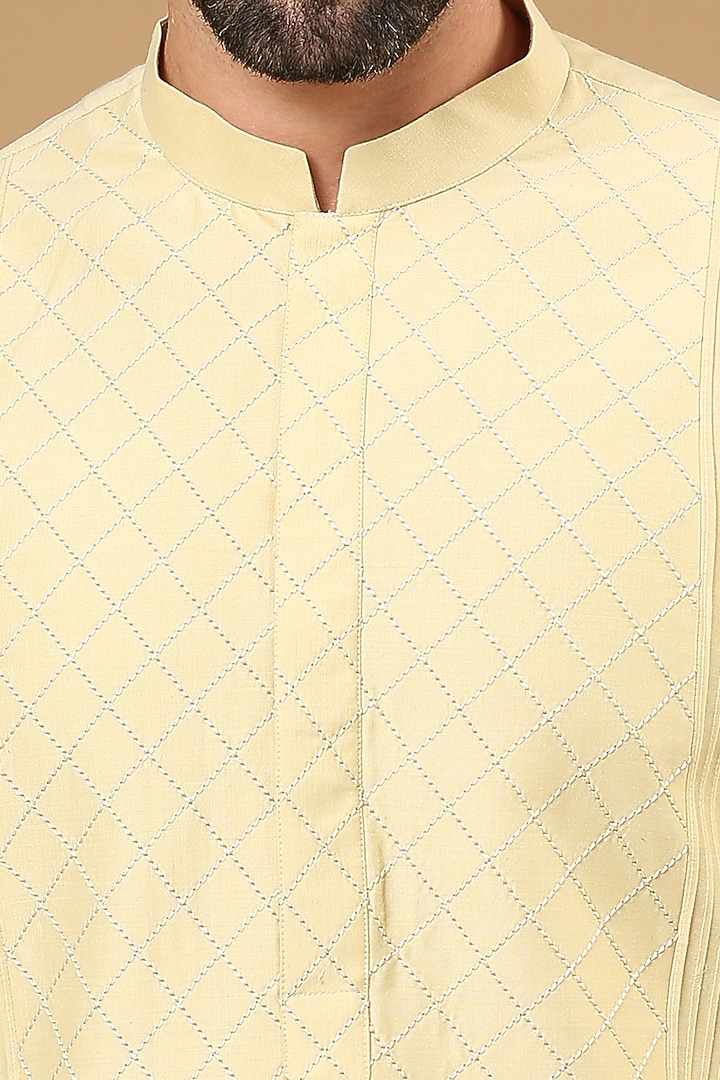 Beige Cotton Silk Thread Work Kurta Set by DMODE at Pernia's Pop Up Shop