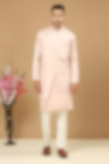 Pink Linen Silk Embroidered Kurta Set by DMODE