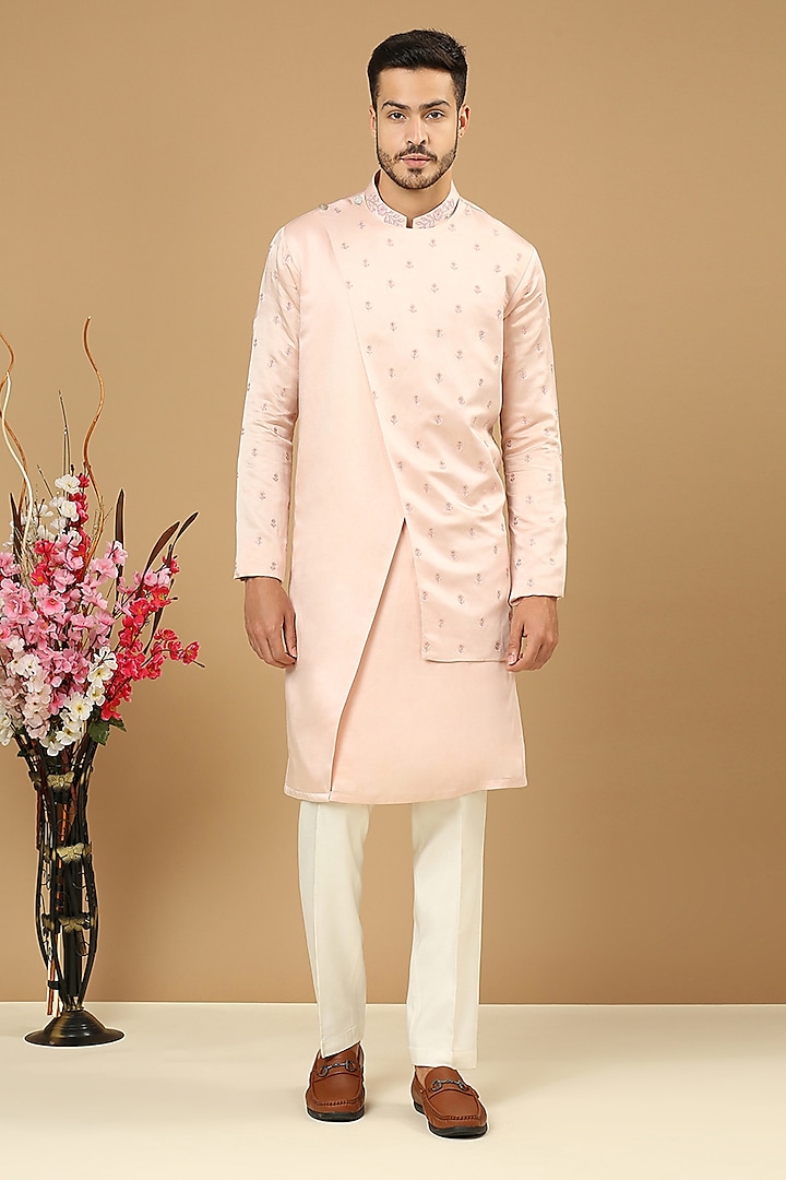 Pink Linen Silk Embroidered Kurta Set by DMODE