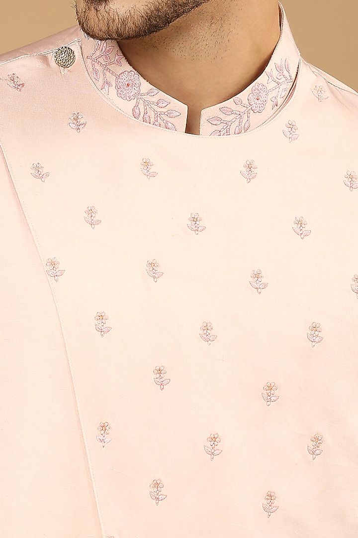 Pink Linen Silk Embroidered Kurta Set by DMODE at Pernia's Pop Up Shop