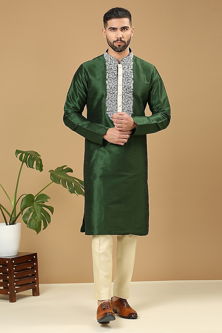 Forest Green Dupion Silk Embroidered Kurta Set by DMODE