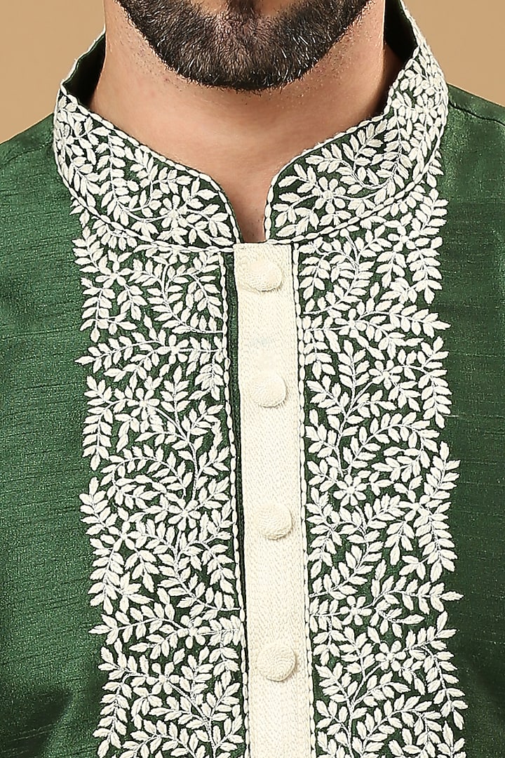 Forest Green Dupion Silk Embroidered Kurta Set by DMODE at Pernia's Pop Up Shop