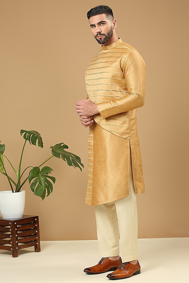 Gold Dupion Angrakha Kurta Set by DMODE