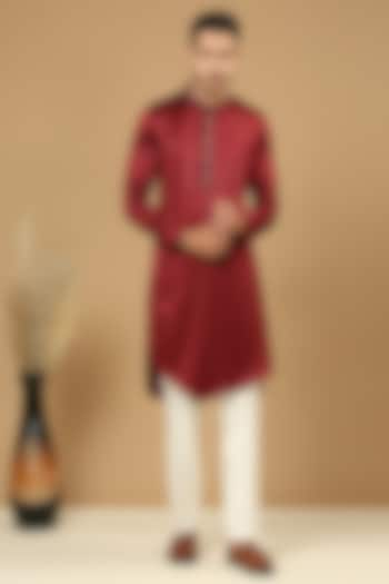 Deep Maroon Satin Hand Embroidered Kurta Set by DMODE