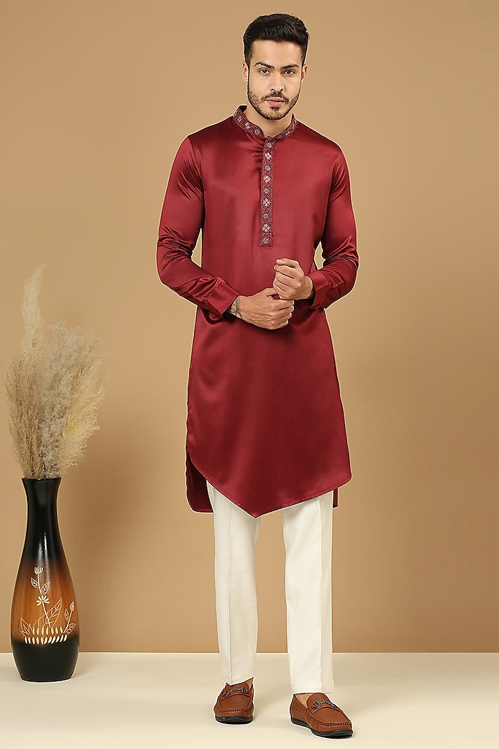 Deep Maroon Satin Hand Embroidered Kurta Set by DMODE at Pernia's Pop Up Shop