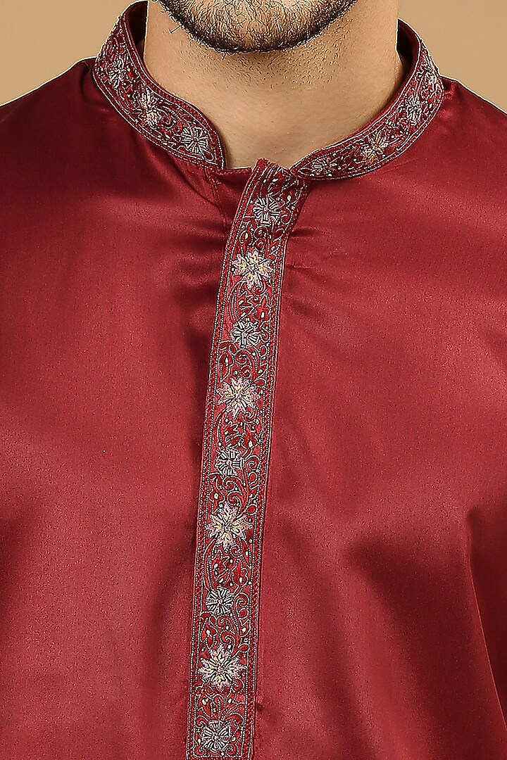 Deep Maroon Satin Hand Embroidered Kurta Set by DMODE at Pernia's Pop Up Shop