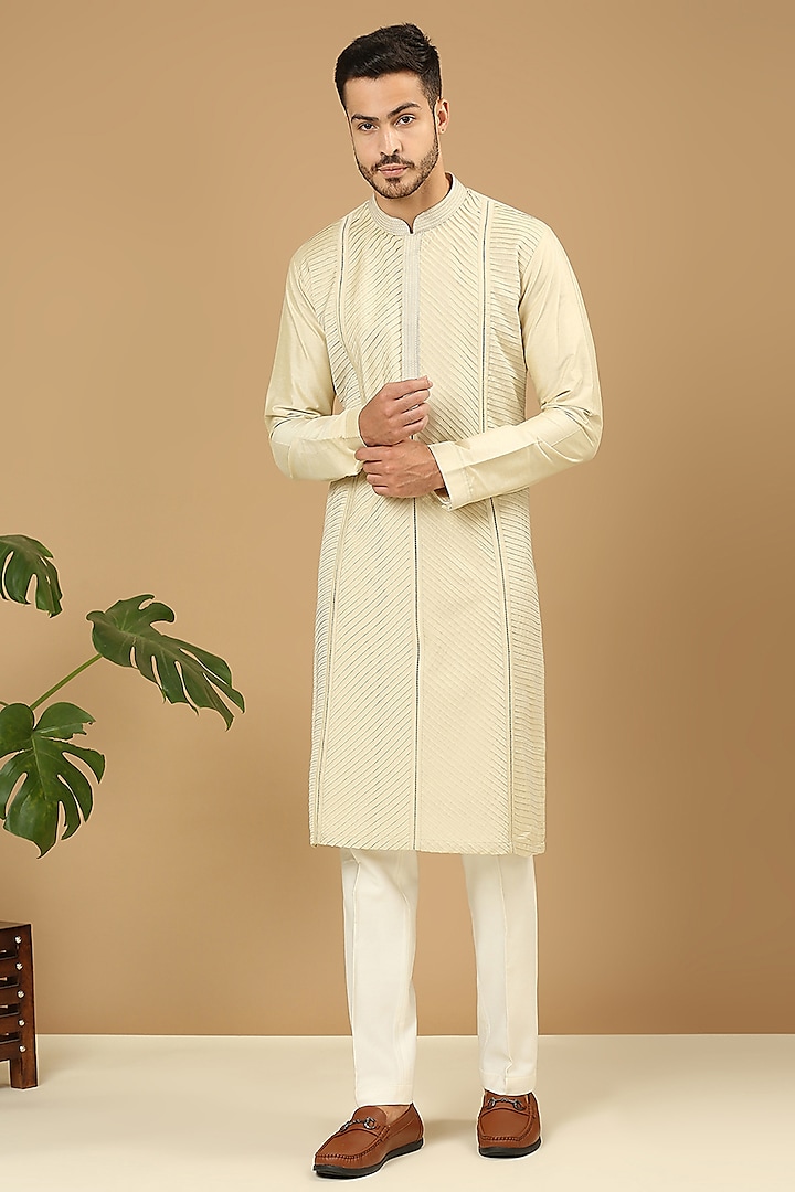 Light Fawn Cotton Silk Embroidered Kurta Set by DMODE