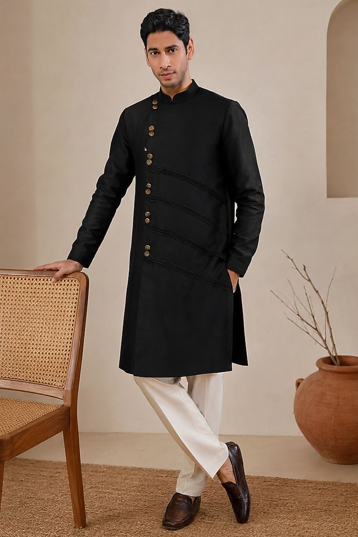Black Cotton Silk Kurta Set by DMODE at Pernia's Pop Up Shop