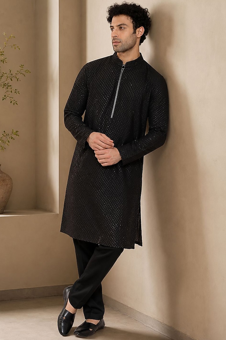 Black Georgette Sequins Embellished Kurta Set by DMODE at Pernia's Pop Up Shop