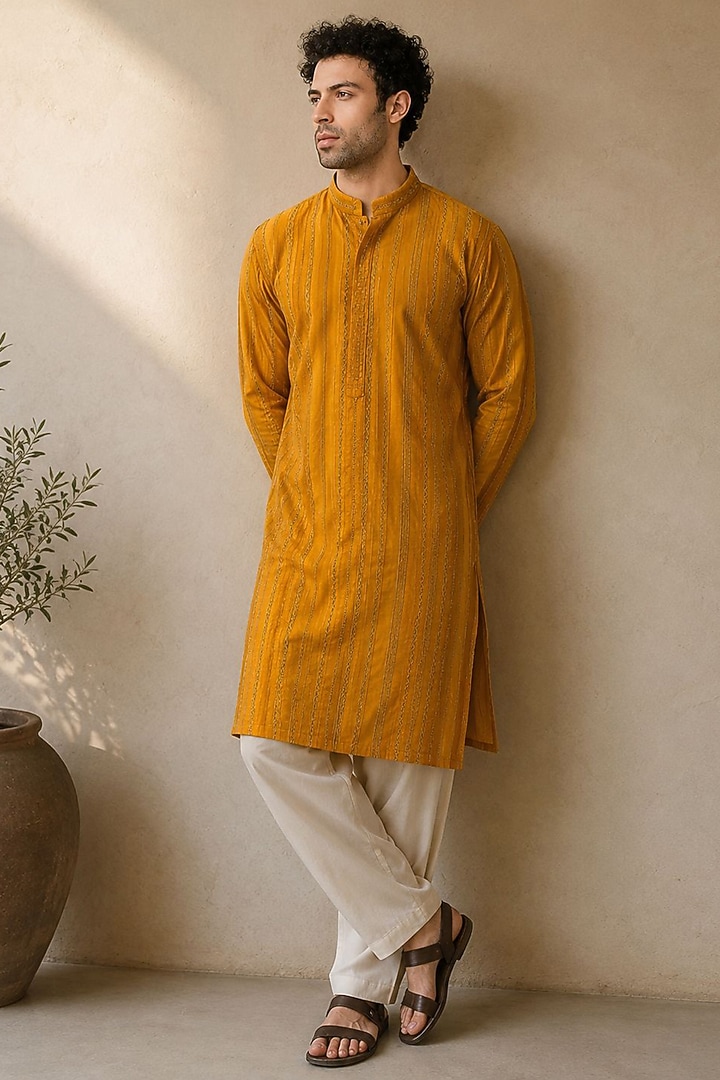 Marigold Cotton Silk Threadwork Kurta Set by DMODE at Pernia's Pop Up Shop