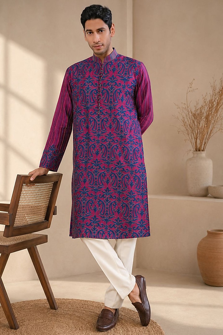 Deep Magenta Dupion Silk Embroidered Kurta Set by DMODE at Pernia's Pop Up Shop