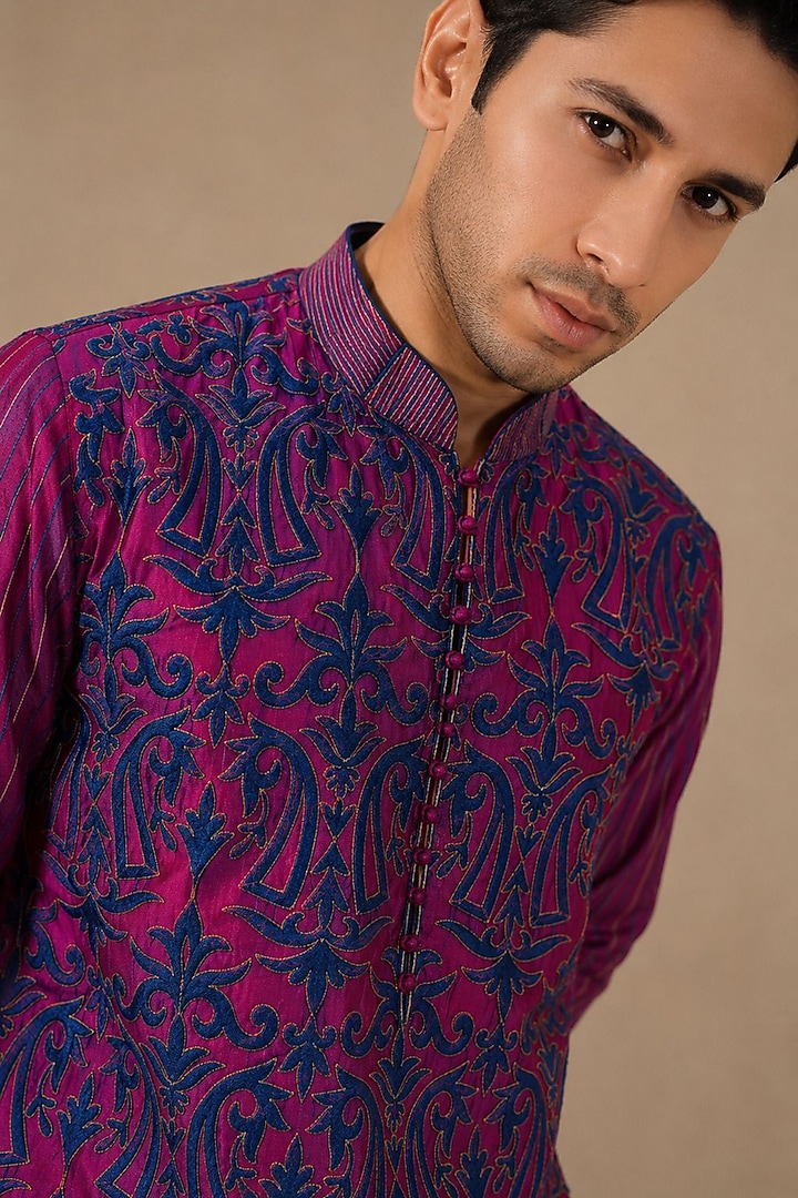 Deep Magenta Dupion Silk Embroidered Kurta Set by DMODE at Pernia's Pop Up Shop