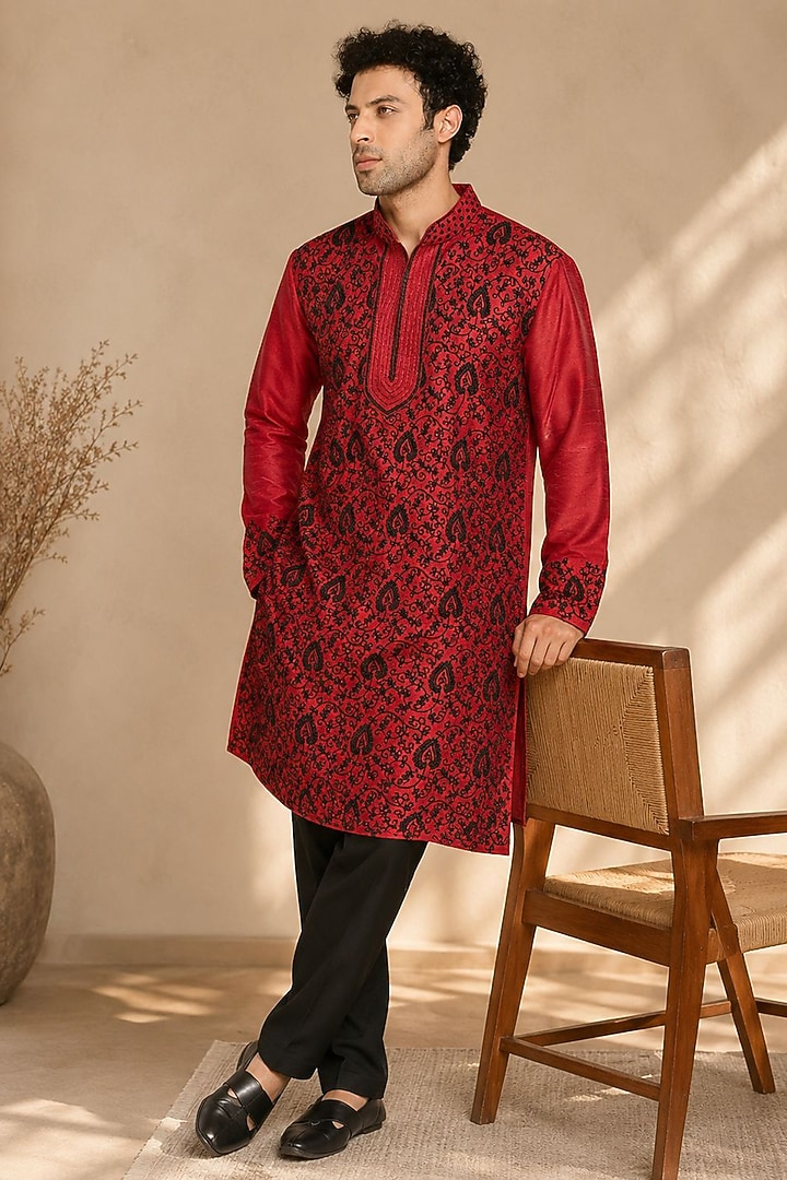 Deep Crimson Red Dupion Silk Embroidered Kurta Set by DMODE at Pernia's Pop Up Shop