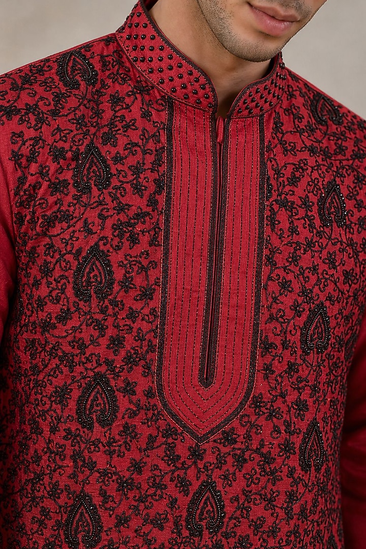 Deep Crimson Red Dupion Silk Embroidered Kurta Set by DMODE at Pernia's Pop Up Shop
