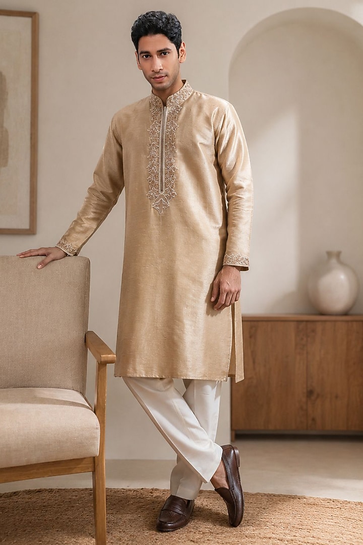 Sandstone-Colored Dupion Silk Floral Embroidered Kurta Set by DMODE at Pernia's Pop Up Shop