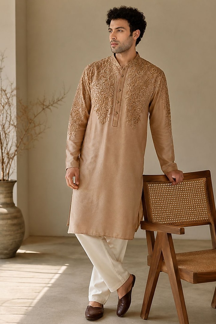 Warm Beige Dupion Silk Embroidered Kurta Set by DMODE at Pernia's Pop Up Shop