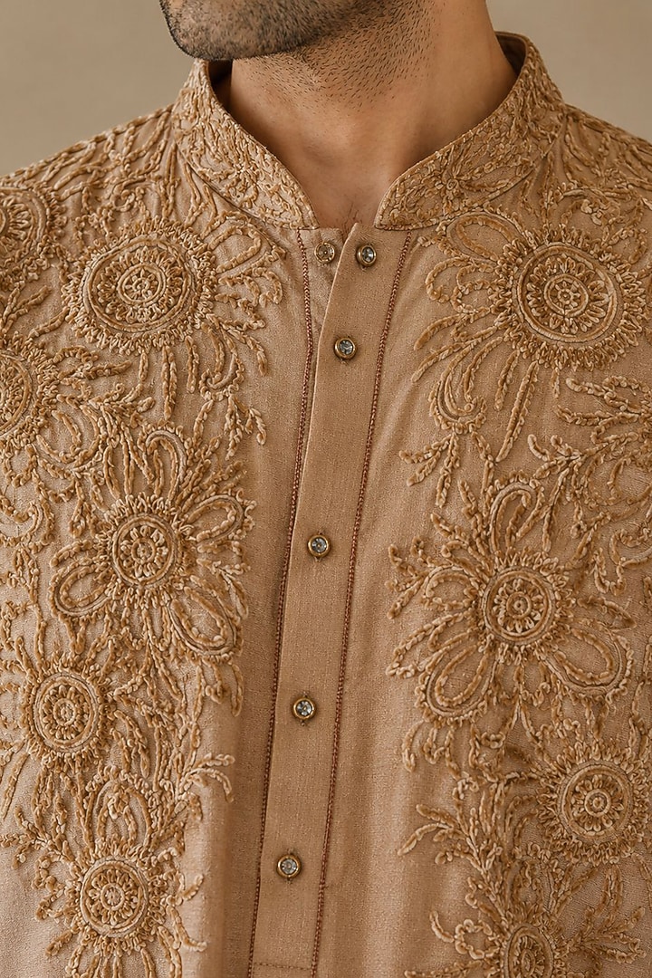 Warm Beige Dupion Silk Embroidered Kurta Set by DMODE at Pernia's Pop Up Shop