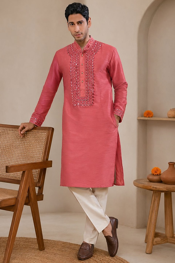 Dark Pink Dupion Silk Mirror Work Kurta Set by DMODE at Pernia's Pop Up Shop
