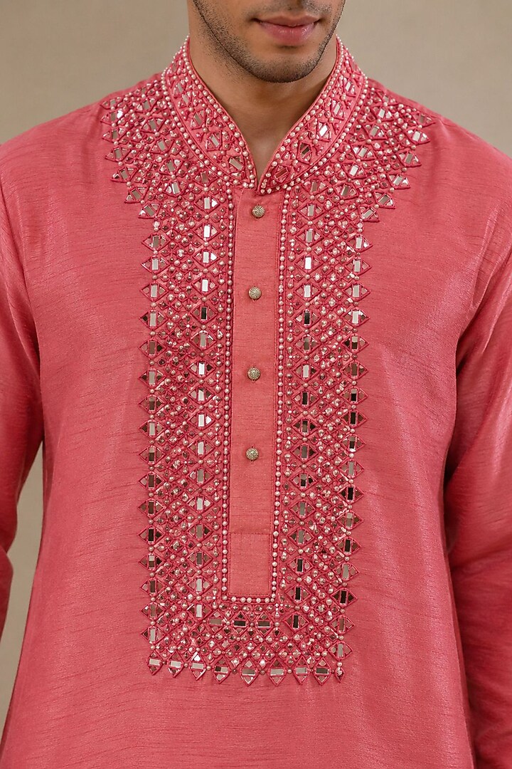 Dark Pink Dupion Silk Mirror Work Kurta Set by DMODE at Pernia's Pop Up Shop