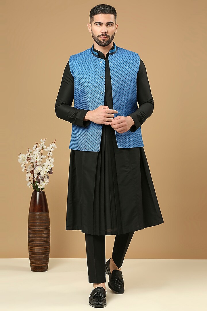 Azure Blue Jute Suiting Bundi Jacket Set by DMODE at Pernia's Pop Up Shop