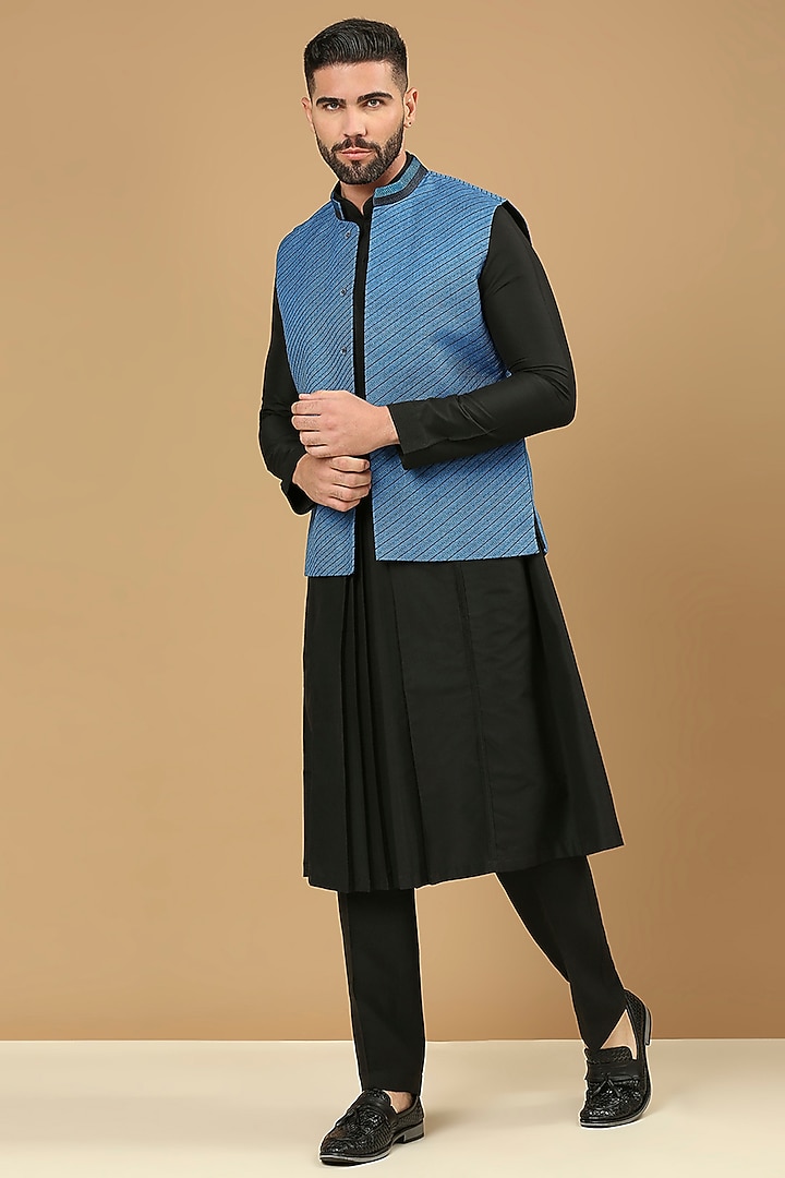 Azure Blue Jute Suiting Bundi Jacket Set by DMODE at Pernia's Pop Up Shop