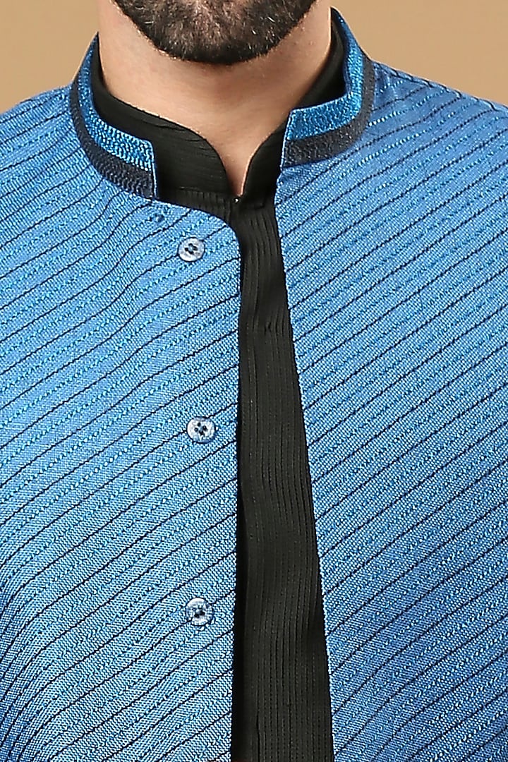 Azure Blue Jute Suiting Bundi Jacket Set by DMODE at Pernia's Pop Up Shop