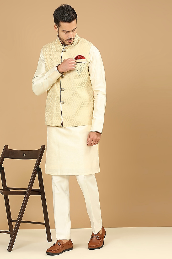 Gold Brocade Embroidered Bundi Jacket Set by DMODE at Pernia's Pop Up Shop
