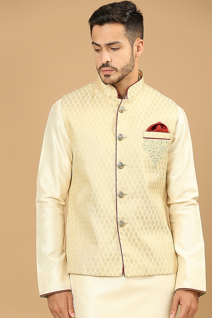 Gold Brocade Embroidered Bundi Jacket Set by DMODE at Pernia's Pop Up Shop