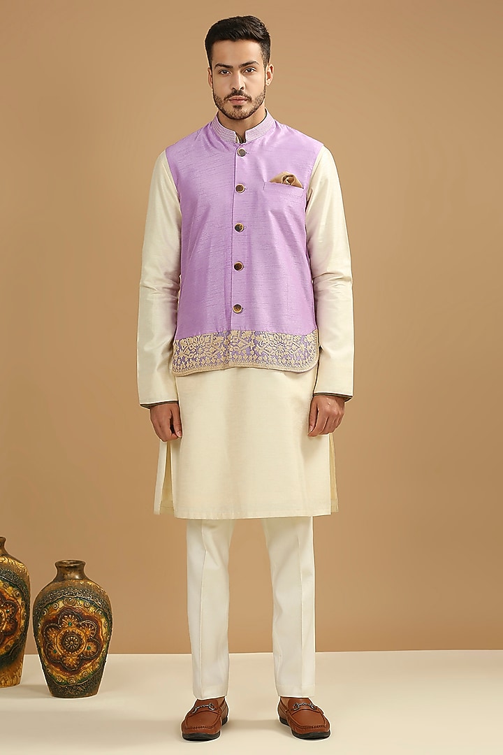 Lilac Dupion Silk Floral Embroidered Bundi Jacket Set by DMODE at Pernia's Pop Up Shop