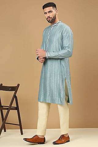 Teal Blue Dupion Silk Kurta Set by dmode