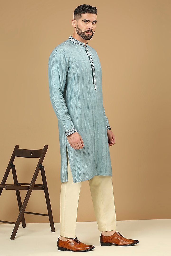 Teal Blue Dupion Silk Kurta Set by DMODE at Pernia's Pop Up Shop