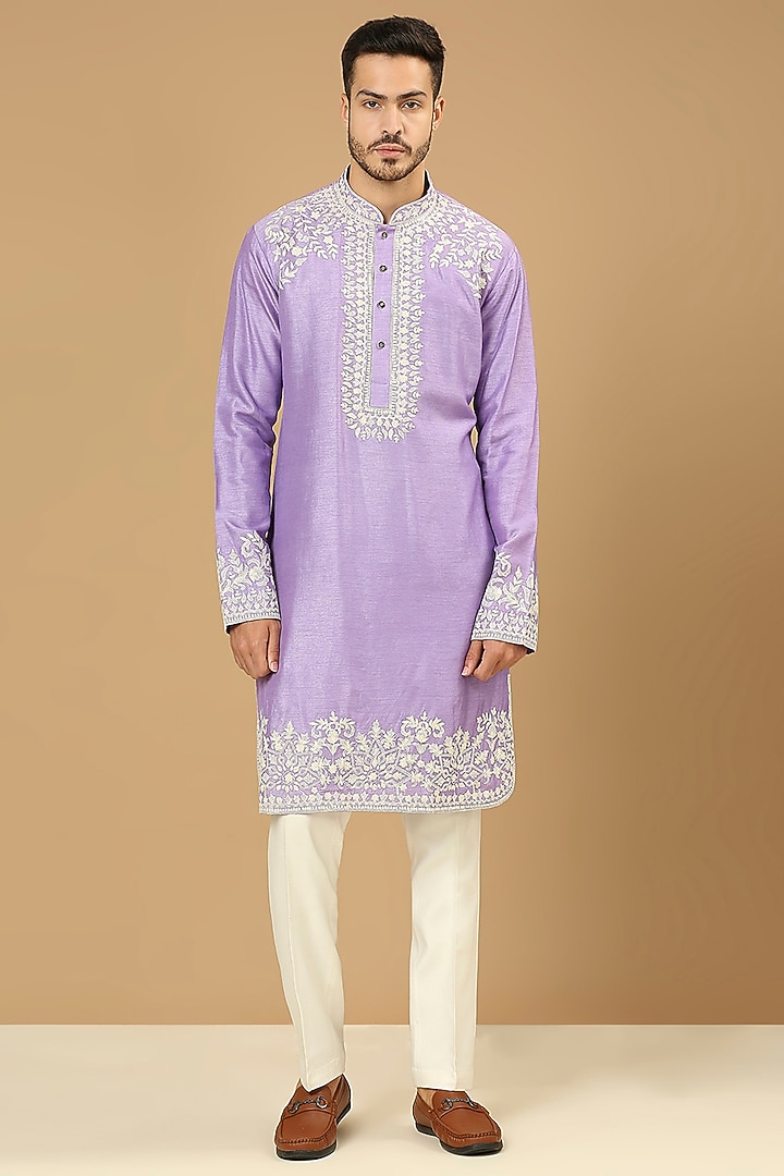 Lilac Dupion Silk Embroidered Kurta Set by DMODE at Pernia's Pop Up Shop