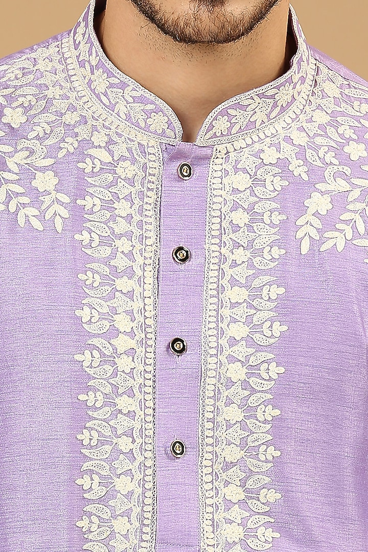 Lilac Dupion Silk Embroidered Kurta Set by DMODE at Pernia's Pop Up Shop