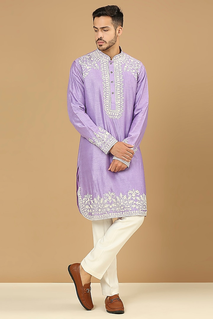 Lilac Dupion Silk Embroidered Kurta Set by DMODE at Pernia's Pop Up Shop