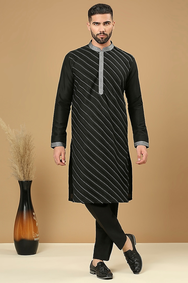Black Cotton Silk Pintuck Kurta Set by DMODE at Pernia's Pop Up Shop
