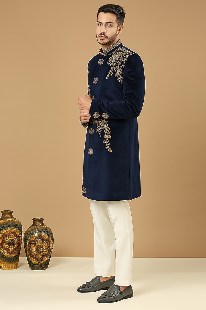 Royal Blue Suede Embroidered Wedding Sherwani Set by DMODE at Pernia's Pop Up Shop