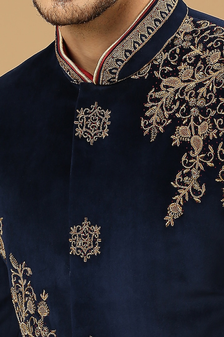 Royal Blue Suede Embroidered Wedding Sherwani Set by DMODE at Pernia's Pop Up Shop