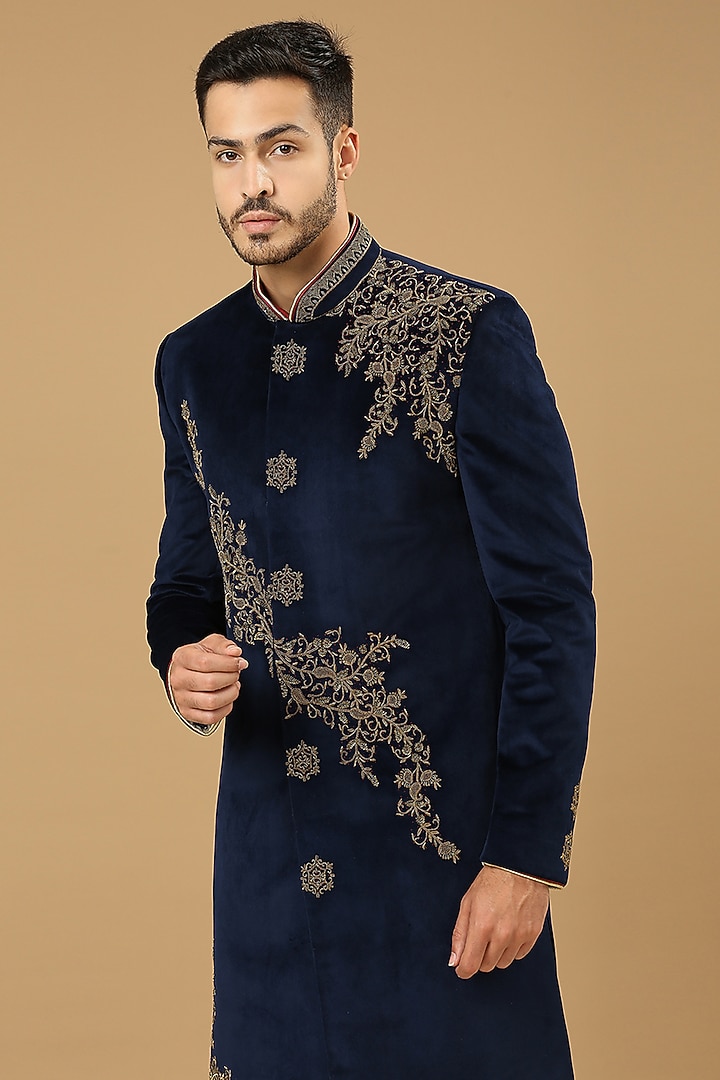 Royal Blue Suede Embroidered Wedding Sherwani Set by DMODE at Pernia's Pop Up Shop