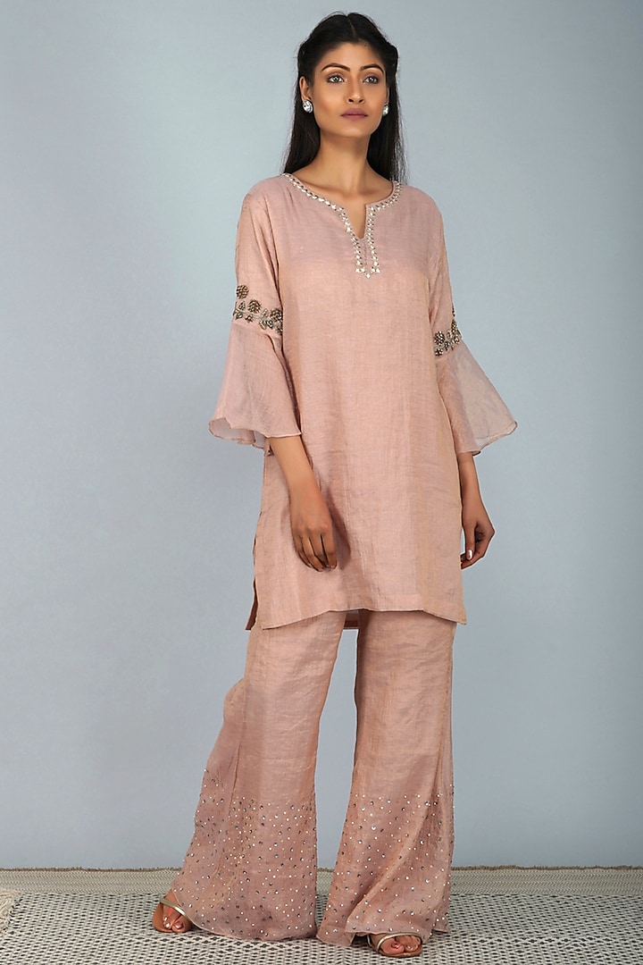 Nude Pink Embroidered Tunic Set by Devyani Mehrotra at Pernia's Pop Up Shop