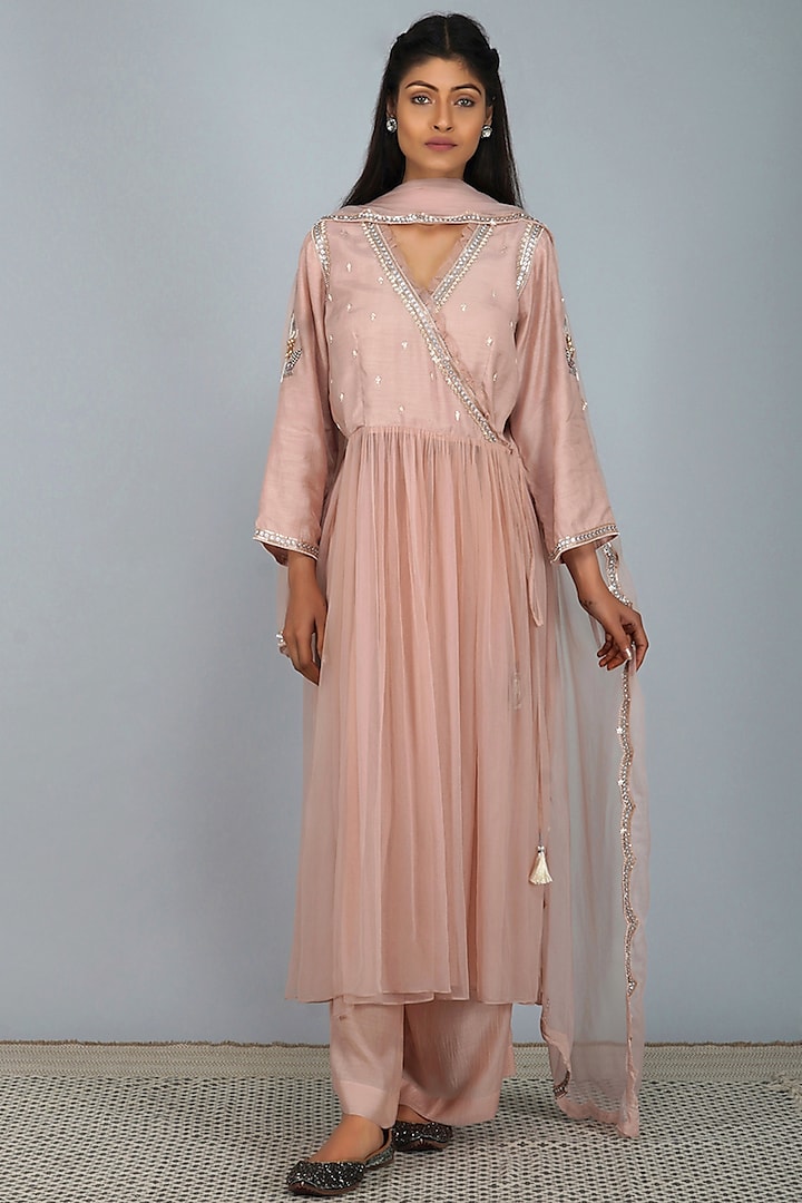 Nude Pink Embroidered Anarkali Set by Devyani Mehrotra at Pernia's Pop Up Shop