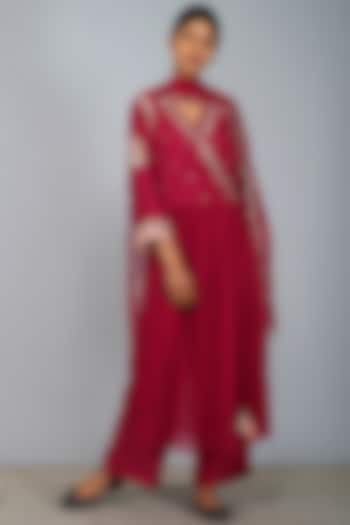 Red Embroidered Anarkali Set by Devyani Mehrotra