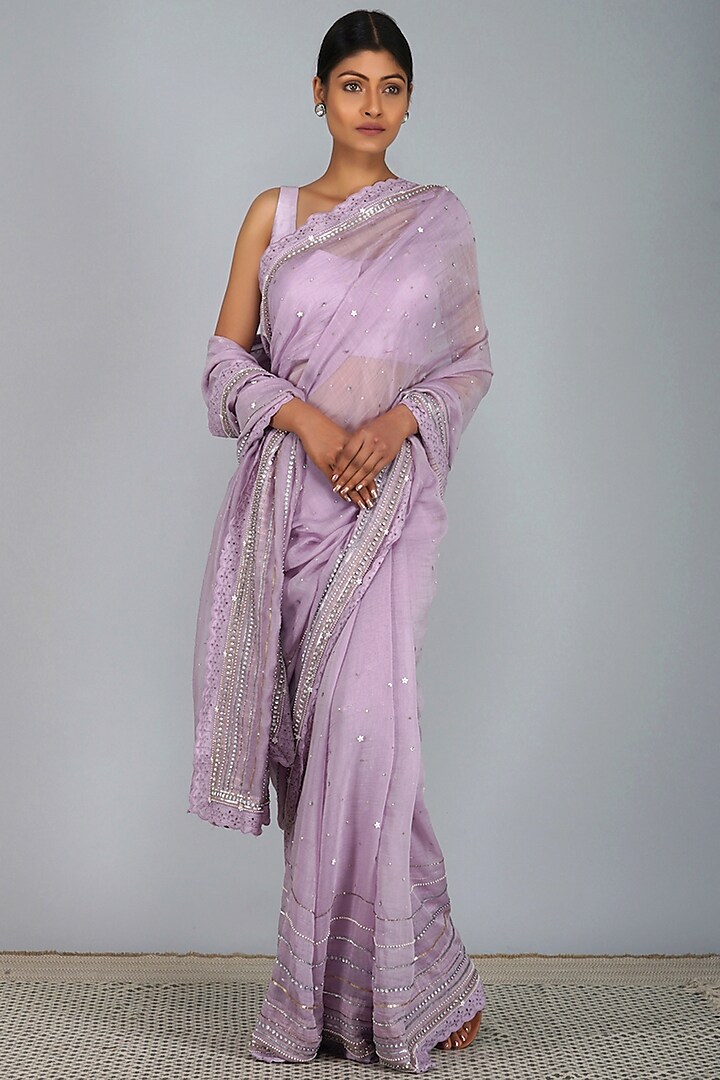 Lavender Chanderi Sequins Embellished Saree Set by Devyani Mehrotra