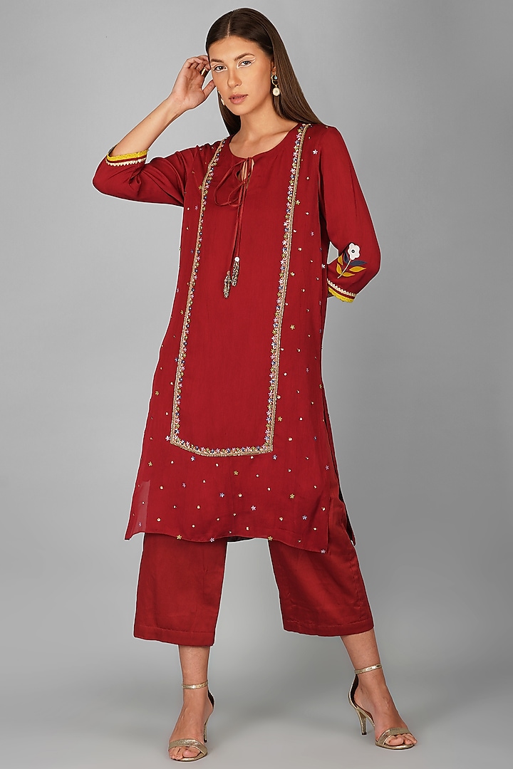 Red Double Georgette Embroidered Tunic Set by Devyani Mehrotra