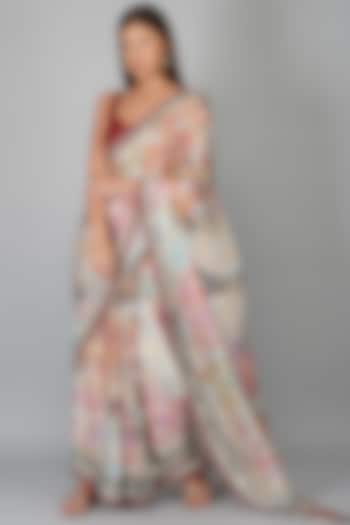 Multi-Colored Viscose Satin Georgette Printed Saree Set by Devyani Mehrotra