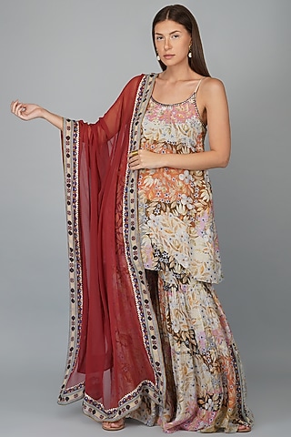Beige Viscose Muslin & Georgette Printed Gharara Set by Devyani Mehrotra
